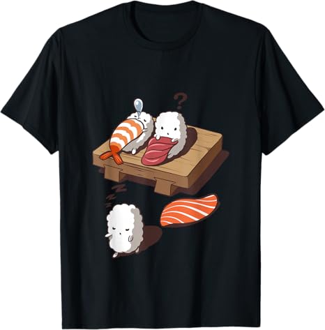 Black t-shirt with cartoon sushi design on a white background