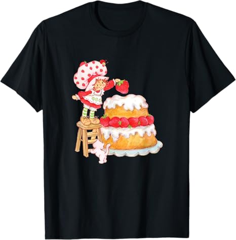 Black t-shirt with a cartoon character and cake design on a white background