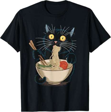 Black t-shirt with a cat eating ramen design on a white background