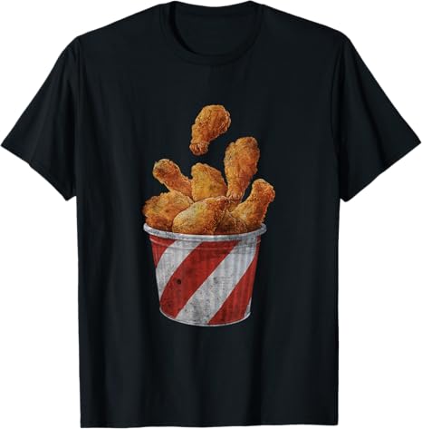 Black t-shirt with a graphic of fried chicken in a bucket on a white background