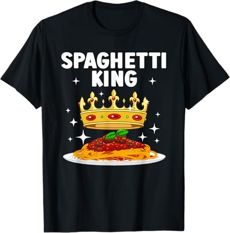 Black t-shirt with 'Spaghetti King' graphic design featuring spaghetti and a crown.