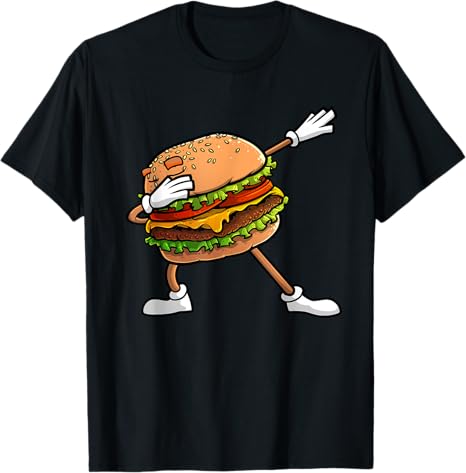 Black t-shirt with a cartoon hamburger design on a white background