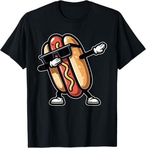 Black t-shirt with a cartoon hot dog wearing sunglasses and a hat on a white background