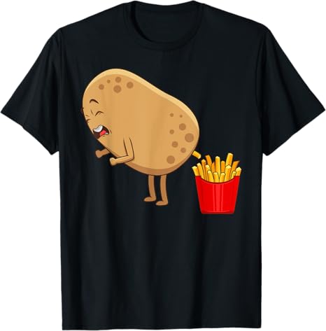 Black t-shirt with a cartoon potato and fries design on a white background